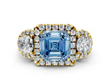 Yellow gold Fancy Blue Asscher Cut Diamond Three-Stone Halo Ring with Prong Setting and Pavé Accents