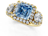 Yellow gold Fancy Blue Asscher Cut Diamond Three-Stone Halo Ring with Prong Setting and Pavé Accents_1