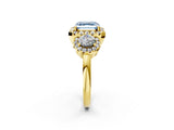 Yellow gold Fancy Blue Asscher Cut Diamond Three-Stone Halo Ring with Prong Setting and Pavé Accents_2
