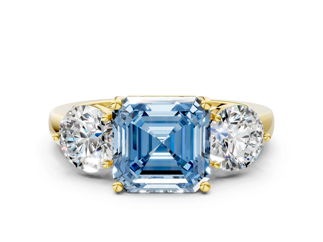 Yellow gold Fancy Blue Asscher Cut Diamond Three-Stone Ring with Prong Setting and Classic Band_51