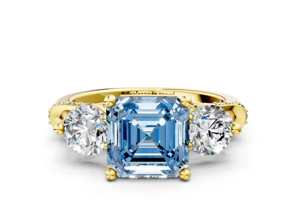 Yellow Gold Asscher Cut Curved Pave Three Stone Engagement Ring Setting for Fancy Blue Center
