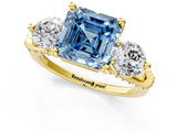 Yellow gold Fancy Blue Asscher Cut Diamond Three-Stone Ring with Prong Setting and Pavé Band_1