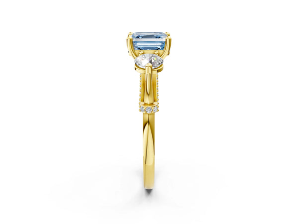 Yellow Gold Asscher Cut Curved Pave Three Stone Engagement Ring Setting for Fancy Blue Center