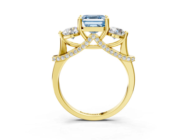Yellow Gold Asscher Cut Curved Pave Three Stone Engagement Ring Setting for Fancy Blue Center