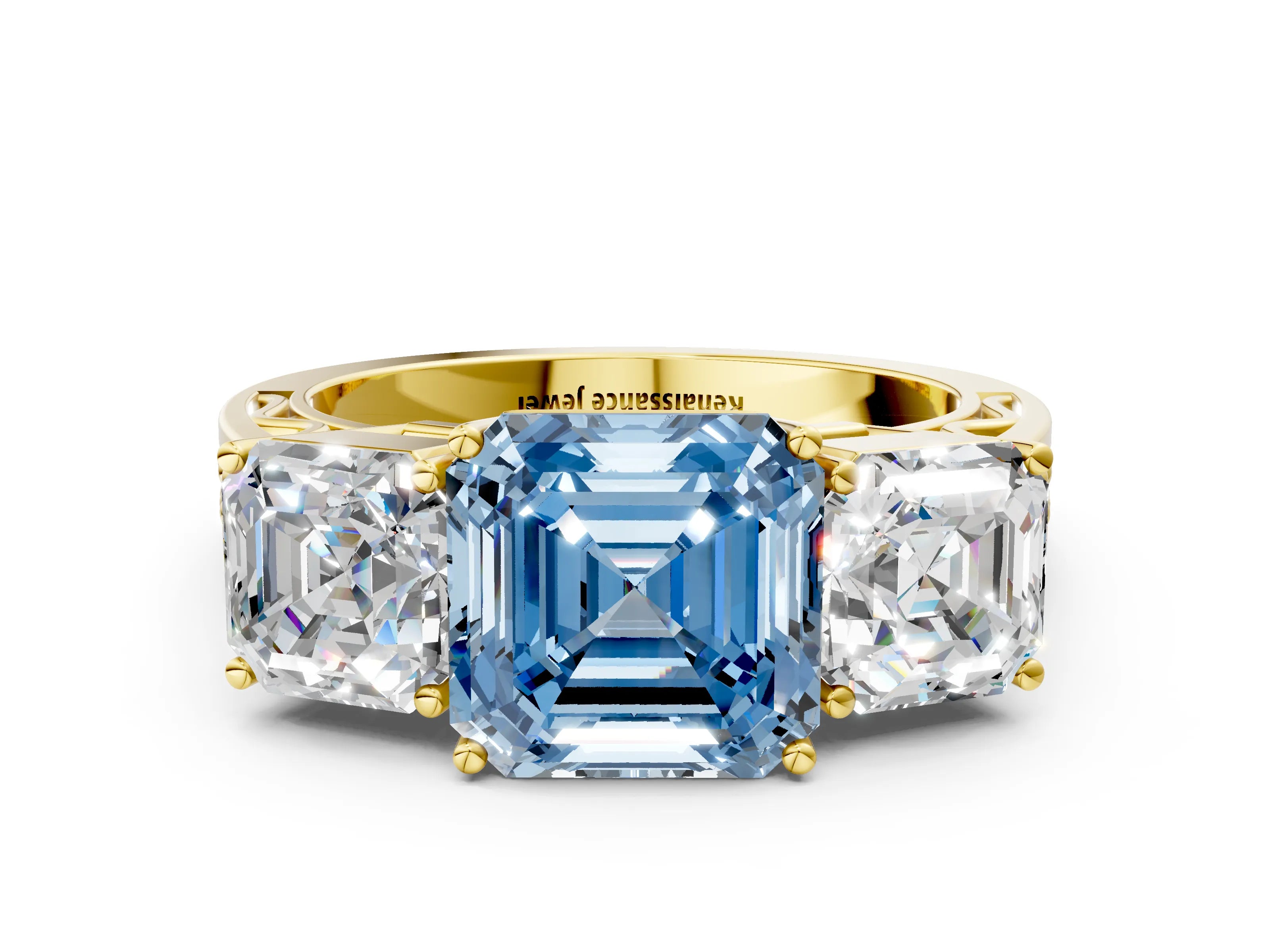 Yellow gold Fancy Blue Asscher Cut Diamond Three-Stone Ring with Prong Setting and Textured Band