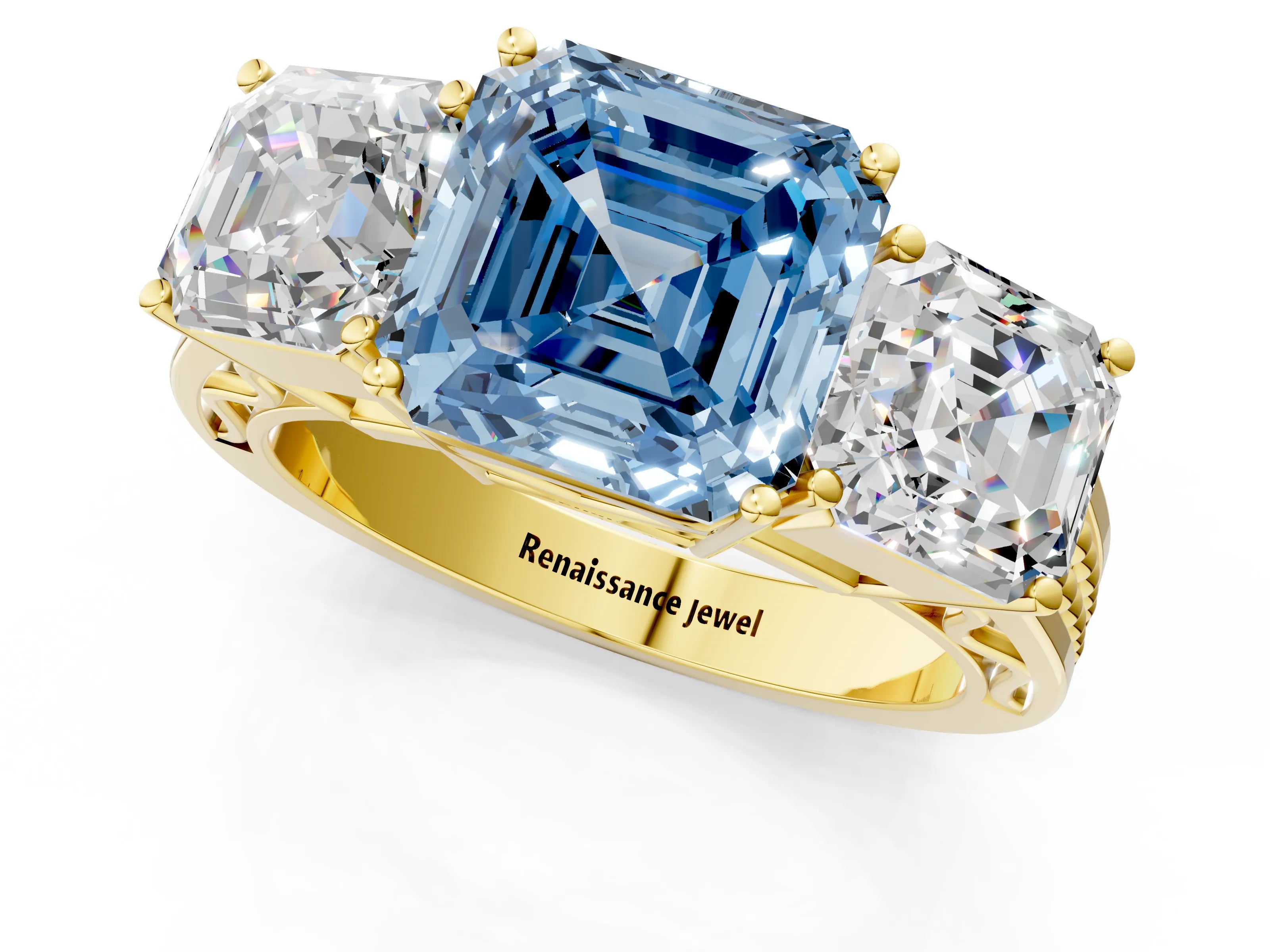 Yellow gold Fancy Blue Asscher Cut Diamond Three-Stone Ring with Prong Setting and Textured Band_1