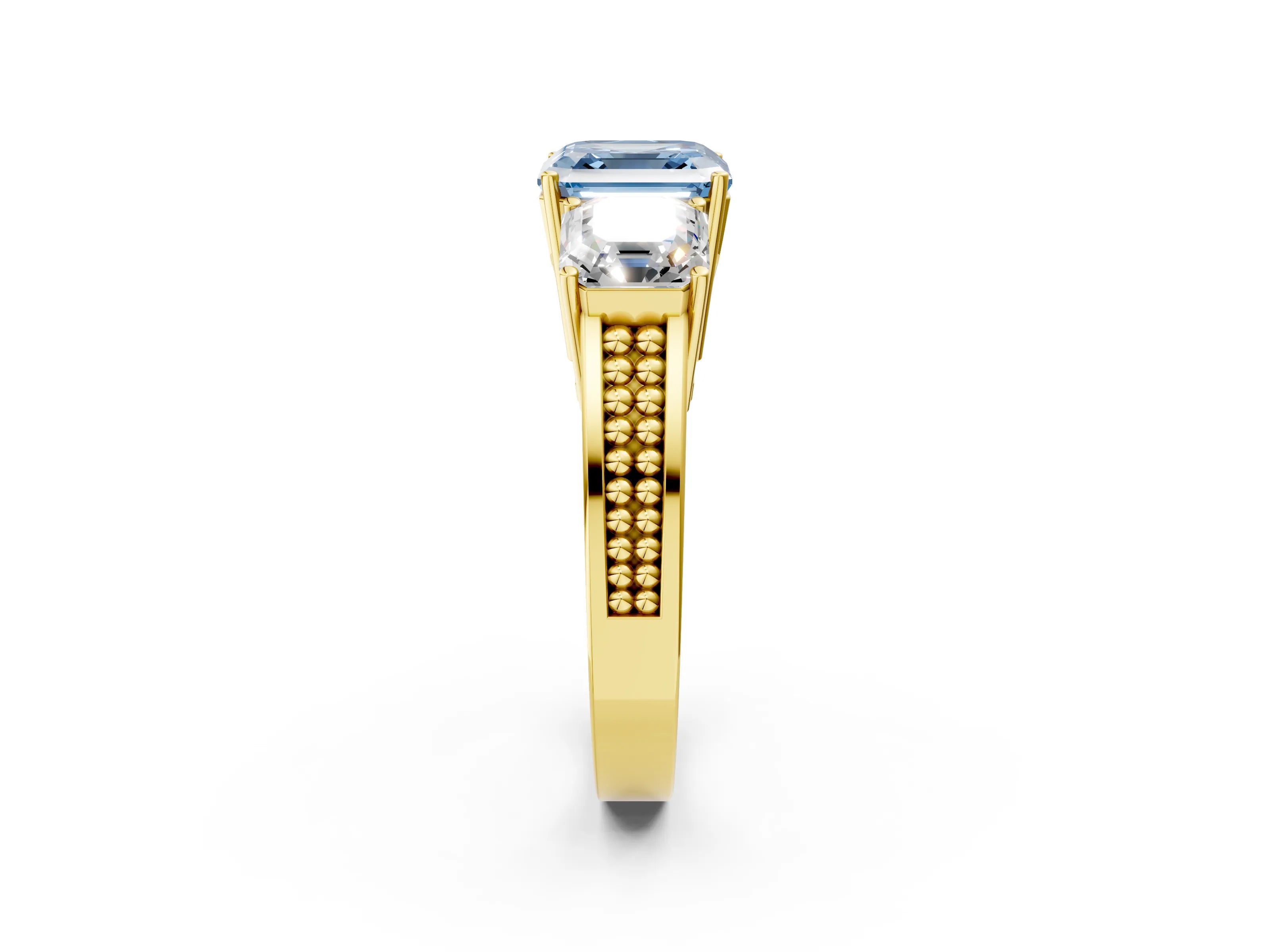 Yellow gold Fancy Blue Asscher Cut Diamond Three-Stone Ring with Prong Setting and Textured Band_2