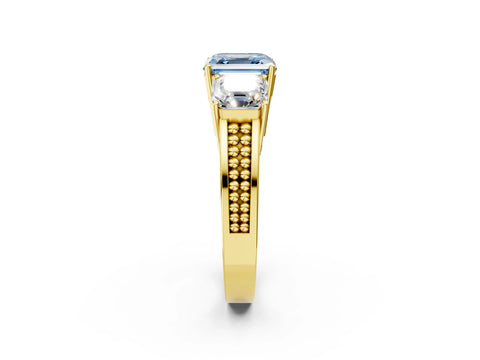 Yellow gold Fancy Blue Asscher Cut Diamond Three-Stone Ring with Prong Setting and Textured Band_2