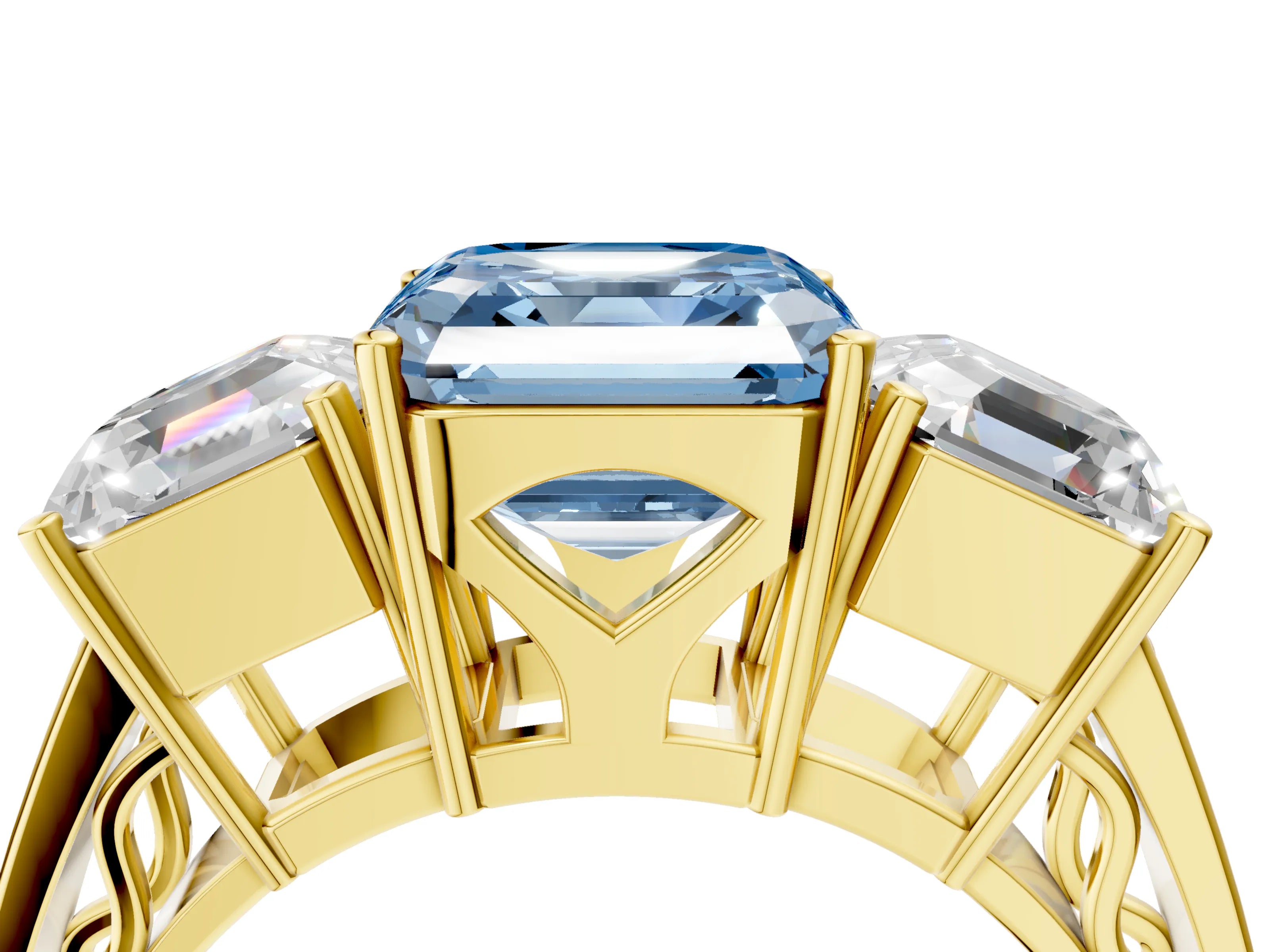 Yellow gold Fancy Blue Asscher Cut Diamond Three-Stone Ring with Prong Setting and Textured Band_4