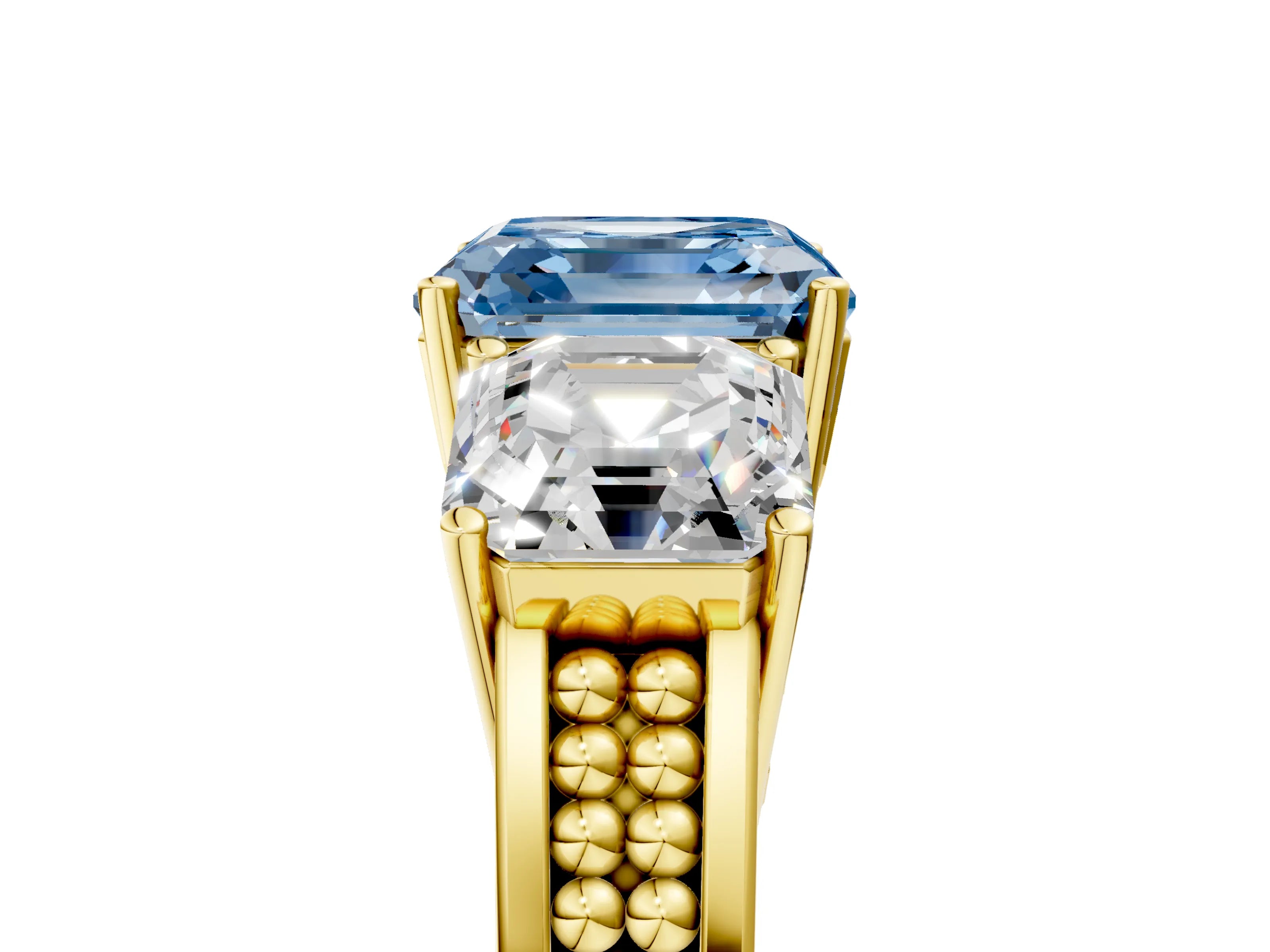 Yellow gold Fancy Blue Asscher Cut Diamond Three-Stone Ring with Prong Setting and Textured Band_5