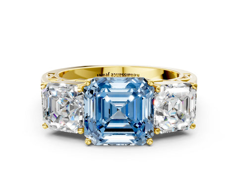 Yellow gold Fancy Blue Asscher Cut Diamond Three-Stone Ring with Prong Setting and Textured Band
