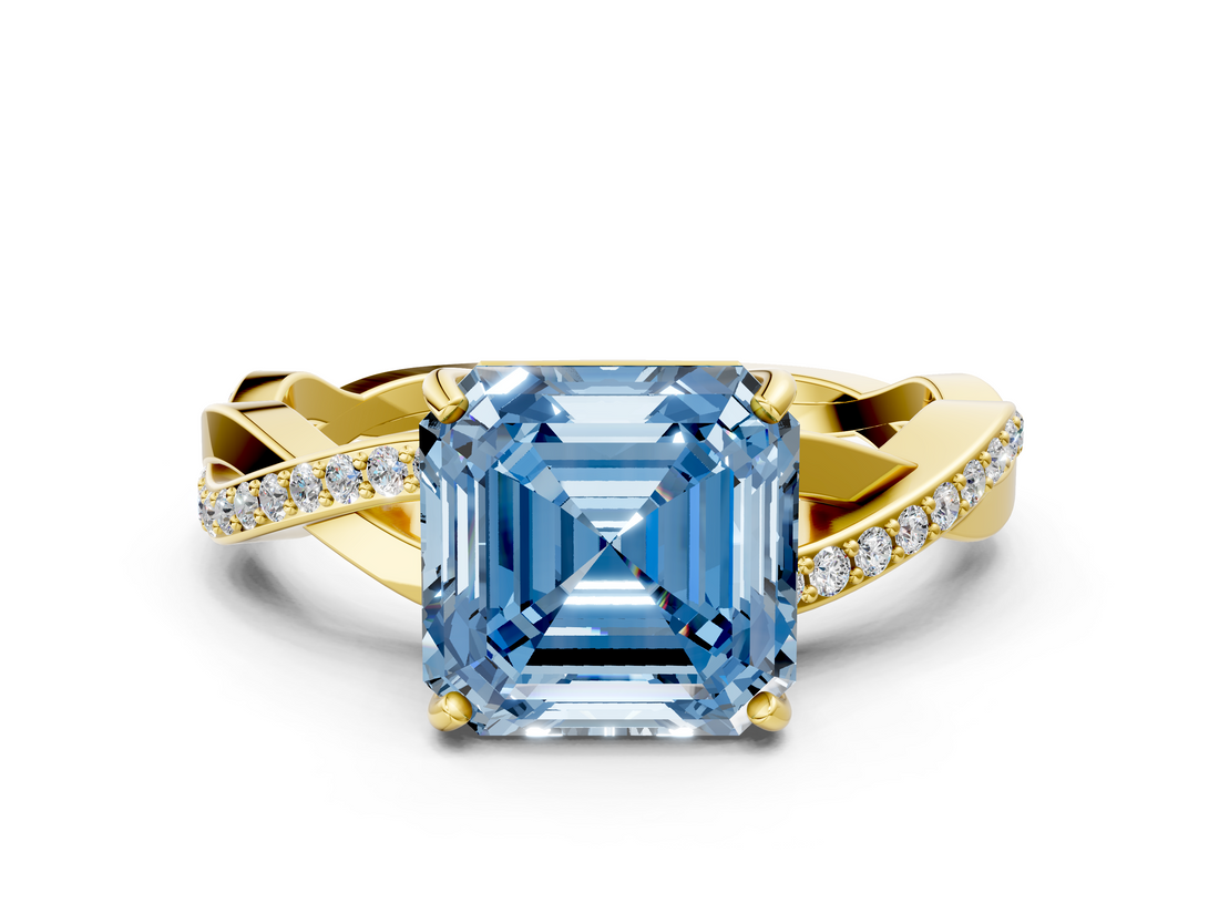 Yellow gold Fancy Blue Asscher  Cut Diamond Twisted Band Engagement Ring with Prong Setting_3