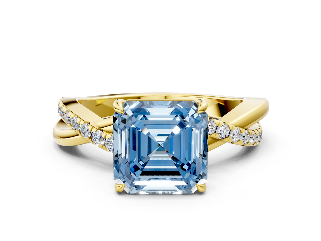 Yellow gold Fancy Blue Asscher  Cut Diamond Twisted Band with Pavé Setting and Four-Prong Setting_17