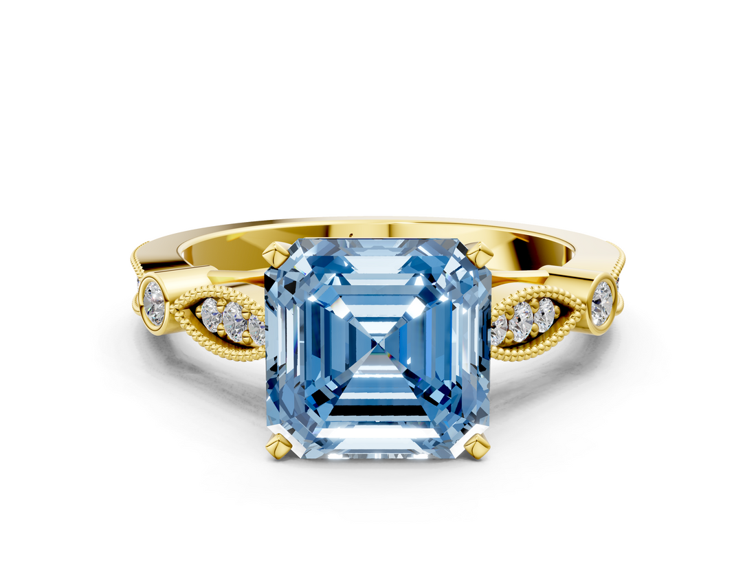Yellow gold Fancy Blue Asscher  Cut Diamond with Milgrain Marquise and Bezel Accents on a Solitaire Band with Prong Setting_17
