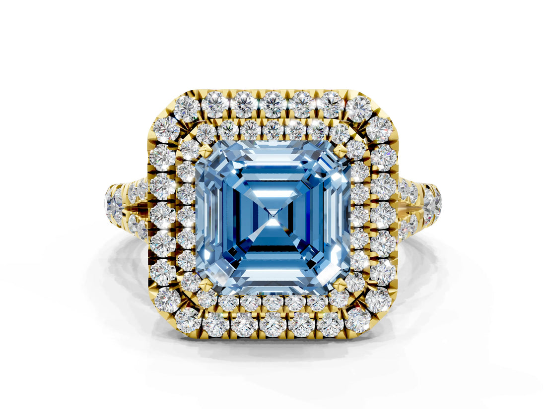 Yellow gold Fancy Blue Asscher  Cut Double Halo Split Shank Diamond Ring with Prong Setting_70