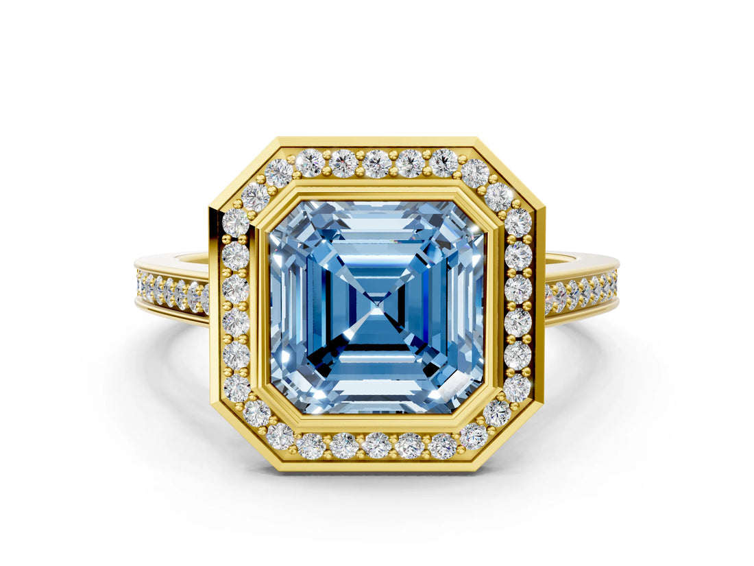 Yellow gold Fancy Blue Asscher Cut Halo Bezel Diamond Pave Band Ring