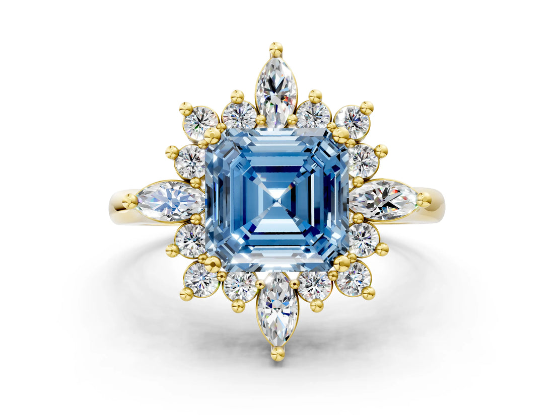 Yellow gold Fancy Blue Asscher Cut Halo Diamond Cluster Ring with Marquise and Round Stones on a White Gold Band with Prong Setting
