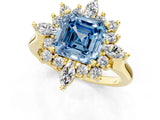 Yellow gold Fancy Blue Asscher Cut Halo Diamond Cluster Ring with Marquise and Round Stones on a White Gold Band with Prong Setting_1