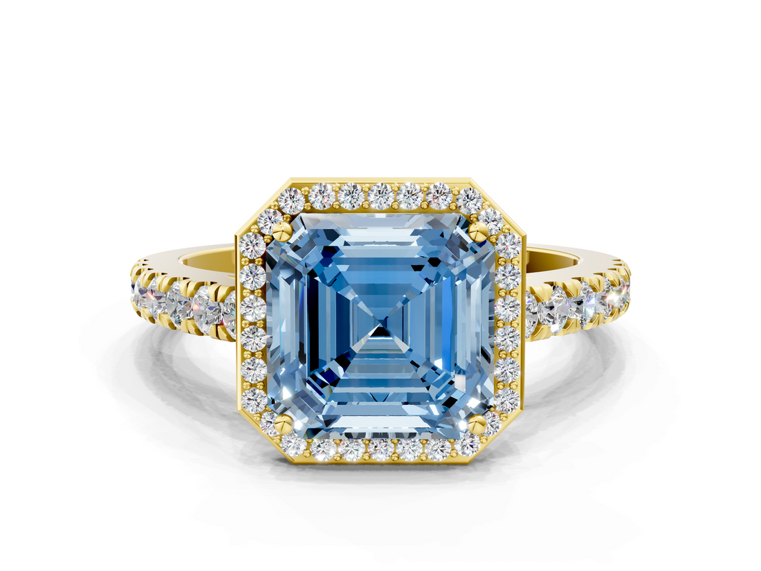 Yellow gold Fancy Blue Asscher  Cut Halo Diamond Engagement Ring with Pave Band and Four-Prong Setting_17