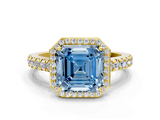 Yellow gold Fancy Blue Asscher  Cut Halo Diamond Engagement Ring with Pave Band and Four-Prong Setting_17