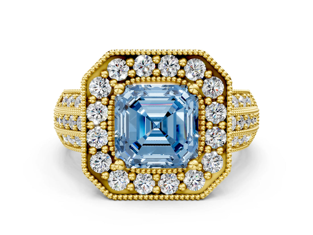 Yellow gold Fancy Blue Asscher Cut Halo Diamond Engagement Ring with Pave Split Shank and Four-Prong Setting_12