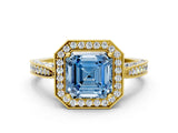 Yellow gold Fancy Blue Asscher Cut Halo Diamond Engagement Ring with Split Shank Band and Four-Prong Setting