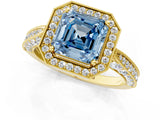 Yellow gold Fancy Blue Asscher Cut Halo Diamond Engagement Ring with Split Shank Band and Four-Prong Setting_1