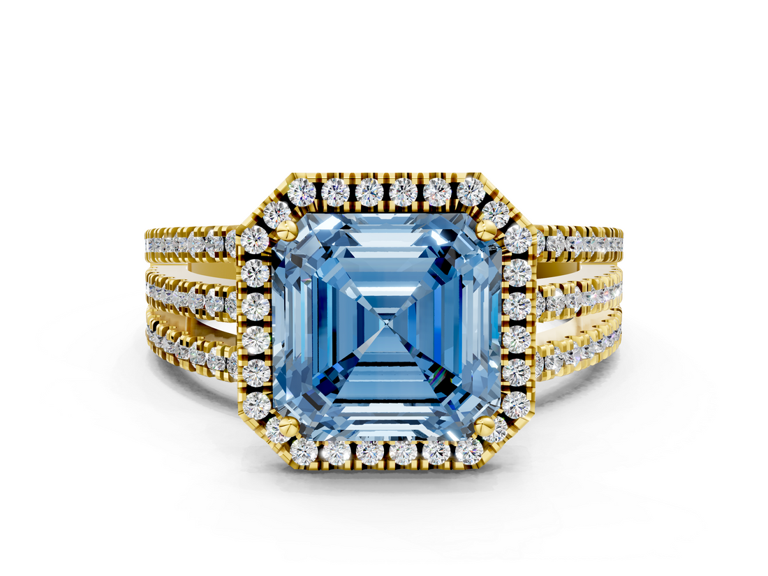 Yellow gold Fancy Blue Asscher  Cut Halo Diamond Engagement Ring with Split Shank and Four-Prong Setting_51