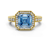 Yellow gold Fancy Blue Asscher  Cut Halo Diamond Pave Band Ring with Four-Prong Setting