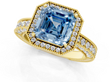 Yellow gold Fancy Blue Asscher  Cut Halo Diamond Pave Band Ring with Four-Prong Setting_1