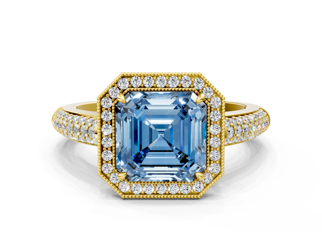 Yellow gold Fancy Blue Asscher  Cut Halo Diamond Pave Band with Four-Prong Setting_17