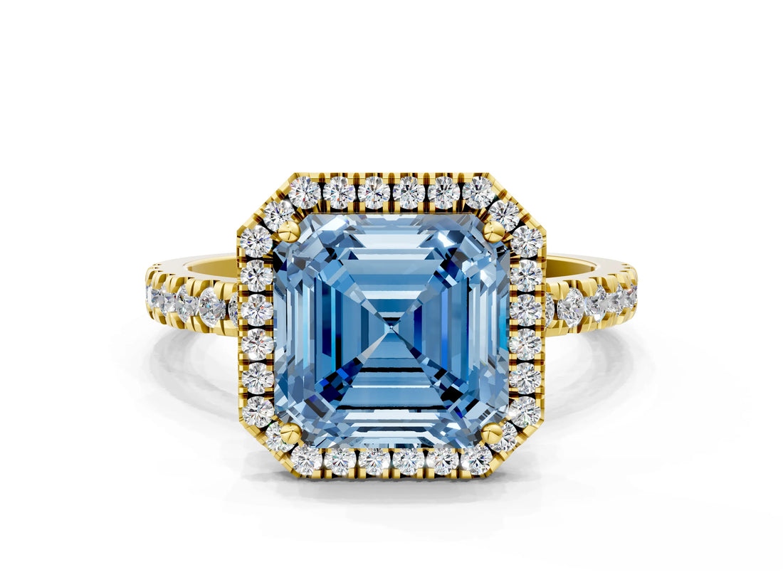 Yellow gold Fancy Blue Asscher Cut Halo Diamond Pave Band with Prong Setting