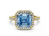 Yellow gold Fancy Blue Asscher Cut Halo Diamond Pave Band with Prong Setting