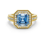Yellow gold Fancy Blue Asscher Cut Halo Diamond Ring with Beaded Split Shank and Four-Prong Setting