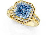 Yellow gold Fancy Blue Asscher Cut Halo Diamond Ring with Beaded Split Shank and Four-Prong Setting_1