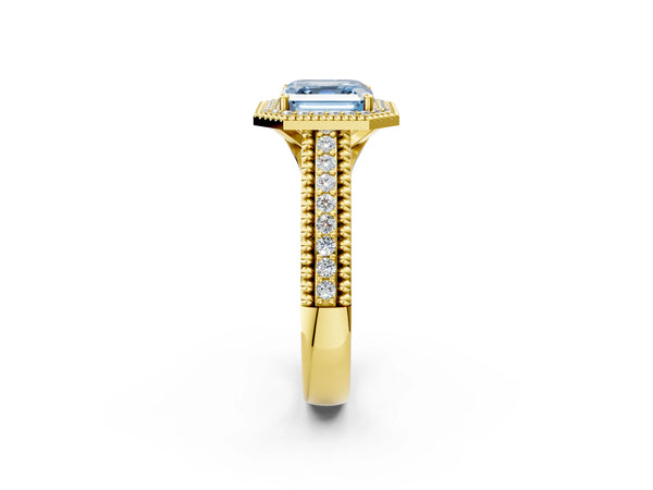 Yellow Gold Asscher Cut Beaded Halo Engagement Ring Setting for Fancy Blue Center with Pave