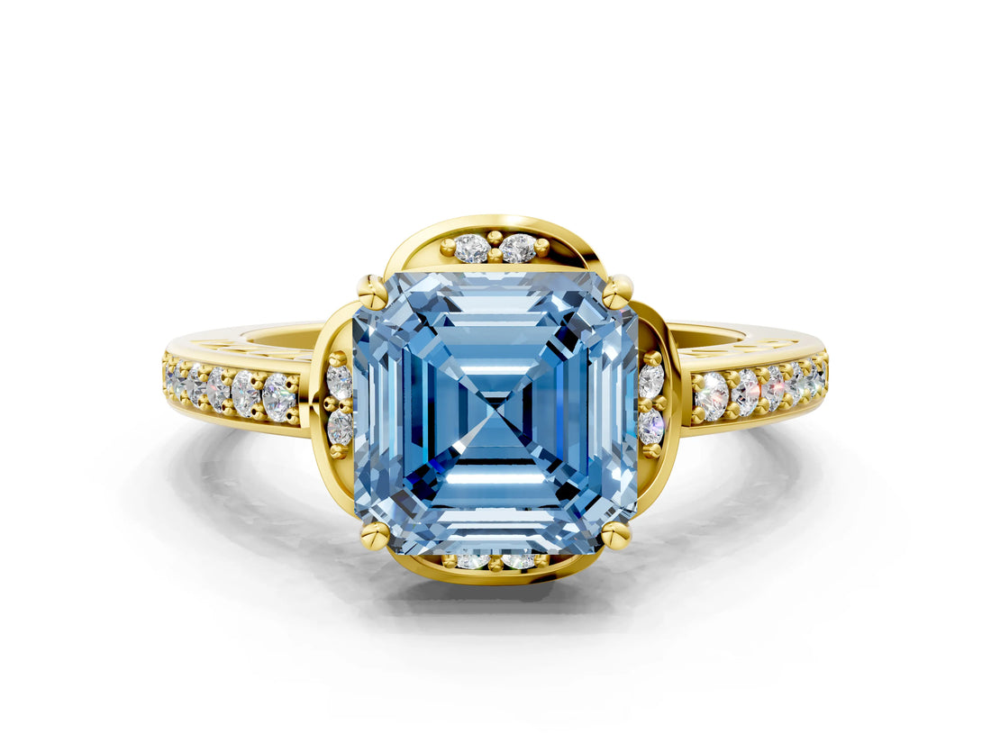 Yellow gold Fancy Blue Asscher  Cut Halo Diamond Ring with Channel Set Band and Four-Prong Setting_46