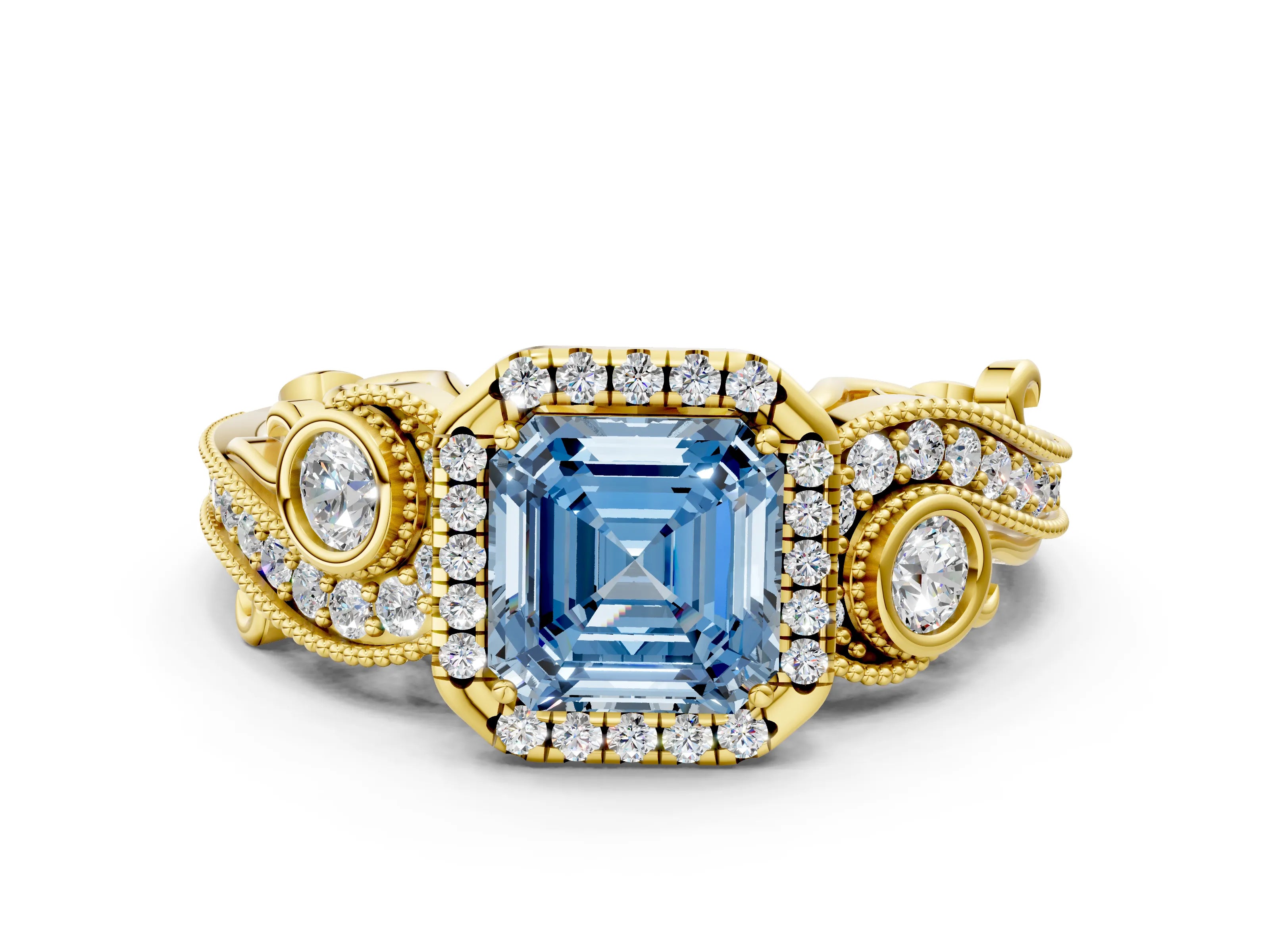 Yellow gold Fancy Blue Asscher Cut Halo Diamond Ring with Milgrain and Bezel Accents on a Split Shank Band