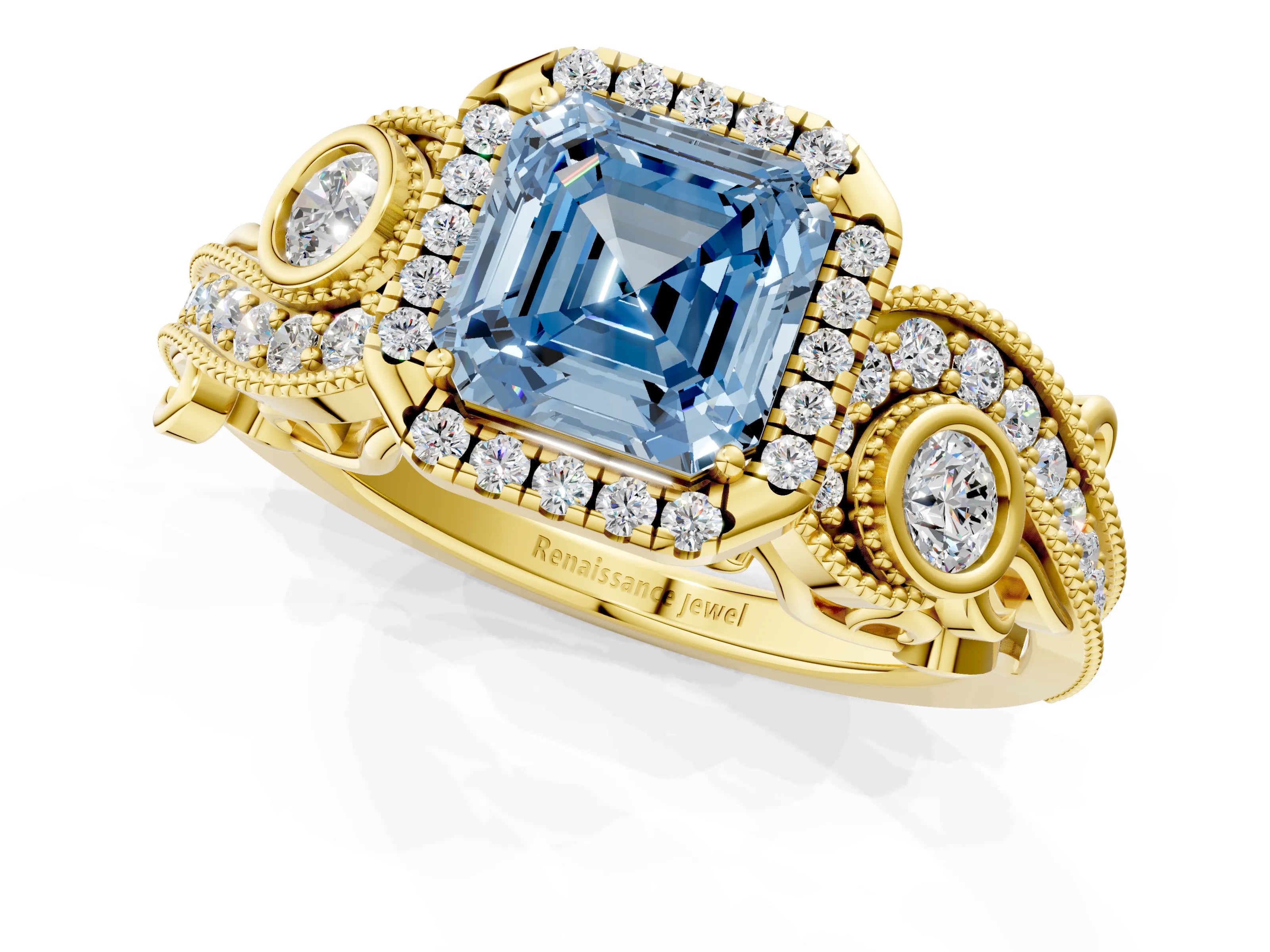 Yellow gold Fancy Blue Asscher Cut Halo Diamond Ring with Milgrain and Bezel Accents on a Split Shank Band_1