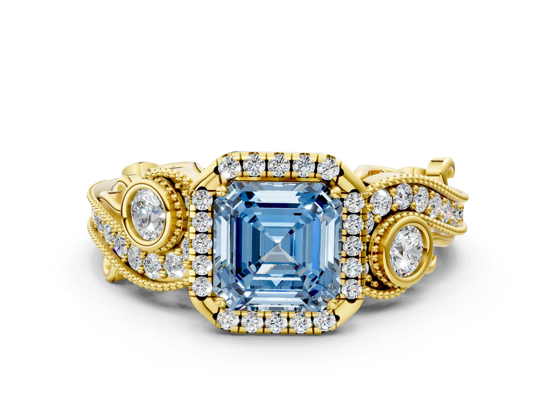 Yellow gold Fancy Blue Asscher Cut Halo Diamond Ring with Milgrain and Bezel Accents on a Split Shank Band_12