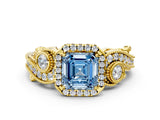 Yellow gold Fancy Blue Asscher Cut Halo Diamond Ring with Milgrain and Bezel Accents on a Split Shank Band_12