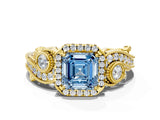 Yellow gold Fancy Blue Asscher Cut Halo Diamond Ring with Milgrain and Bezel Accents on a Split Shank Band_12