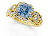 Yellow gold Fancy Blue Asscher Cut Halo Diamond Ring with Milgrain and Bezel Accents on a Split Shank Band_13