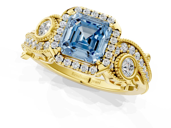 Yellow gold Fancy Blue Asscher Cut Halo Diamond Ring with Milgrain and Bezel Accents on a Split Shank Band