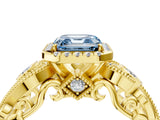 Yellow gold Fancy Blue Asscher Cut Halo Diamond Ring with Milgrain and Bezel Accents on a Split Shank Band_16