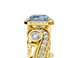 Yellow gold Fancy Blue Asscher Cut Halo Diamond Ring with Milgrain and Bezel Accents on a Split Shank Band_17