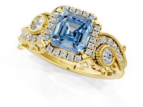 Yellow gold Fancy Blue Asscher Cut Halo Diamond Ring with Milgrain and Bezel Accents on a Split Shank Band_1
