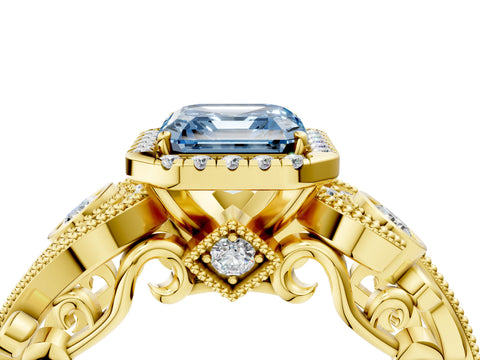 Yellow gold Fancy Blue Asscher Cut Halo Diamond Ring with Milgrain and Bezel Accents on a Split Shank Band_4