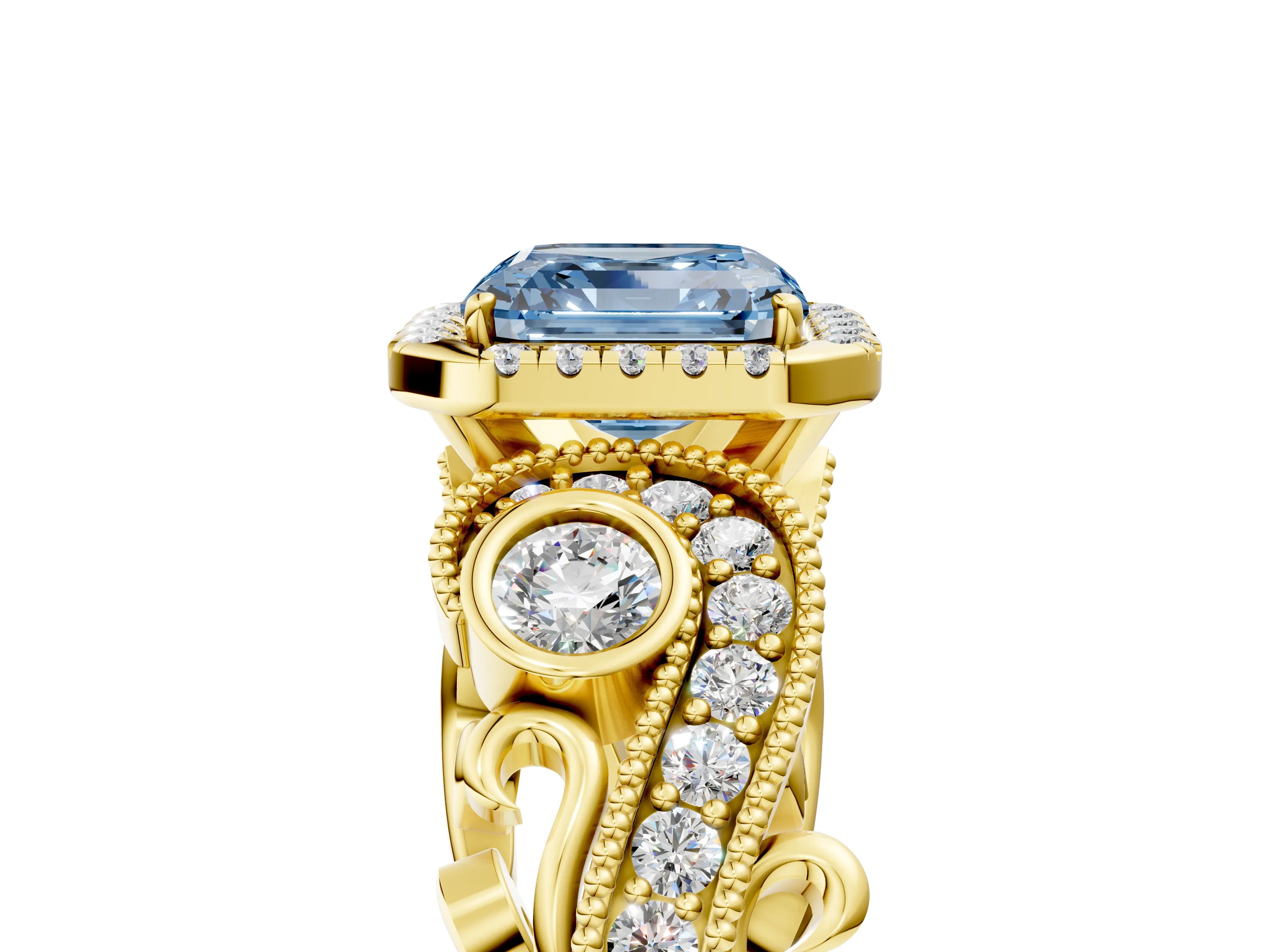 Yellow gold Fancy Blue Asscher Cut Halo Diamond Ring with Milgrain and Bezel Accents on a Split Shank Band_5