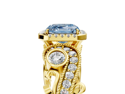 Yellow gold Fancy Blue Asscher Cut Halo Diamond Ring with Milgrain and Bezel Accents on a Split Shank Band_5